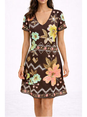 Needle & Thread Lotus Flower Dress Size 4 Sequin Beaded Floral Brown